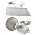 Picture of baking sheet, oven pan and several round bowl and baking dishes.