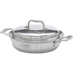 Large steel saute pan with lid and two short handles.