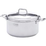 Large steel stock pot with lid and two short handles.