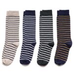 Pairs of crew-length socks in blue, grey and white, with yellow, white and blue stripes.