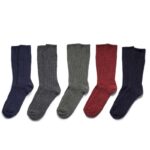 Warm crew-length socks in dar-blues, red, green and grey.