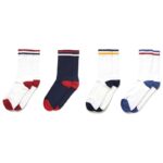 Pairs of white and dark-blue quarter-length socks with patches of color at the heel and toes, as well as two colored stripes at the top.