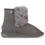 Grey, medium-low sheepskin boot with rubber sole, a reinforced heel cup and a pad of grey fur on the front.