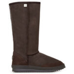 Chocolate-brown, high sheepskin boot with sturdy rubber sole and reinforcements on the heel and toes.