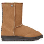 Gold brown, medium high sheepskin boot with sturdy rubber sole and reinforcements on the heel and toes.