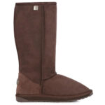 Chocolate brown, high sheepskin boot with rubber sole and reinforced heel cup.