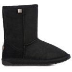 Black, medium-high sheepskin boot with rubber sole and reinforced heel cup.