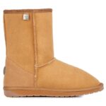 Gold-brown, medium-high sheepskin boot with rubber sole and reinforced heel cup.