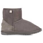 Grey, medium-low sheepskin boot with rubber sole and reinforced heel cup.