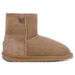 Beige-brown, medium-low sheepskin boot with rubber sole and reinforced heel cup.