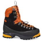 Professional mountaineering boot in black with orange laces and detailing, extra sturdy sole and rubber covering on the upper.