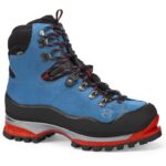 Professional mountaineering boot in blue with black laces and detailing, extra sturdy sole and rubber covering on the upper.