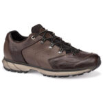 Leather men's hiking shoe in dark and light brown shades with sturdy rubber sole and black laces and detailing.