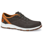 Brown, suede men's travel shoe with sturdy rubber sole, grey laces and orange-brown detailing.