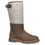 High winter boot with brown leather bottom half, white felt upper half, thick rubber sole and woolen inner lining.