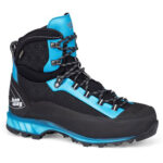 Black women's rock climbing boot with sturdy rubber sole, black laces and blue detailing.