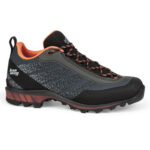 Black and grey women's rock climbing shoe with sturdy rubber sole and black and orange.