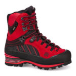 Black and red women's rock climbing boot with sturdy rubber sole strong laces.