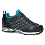 Black and grey women's rock climbing shoe with sturdy rubber sole and blue laces and detailing.