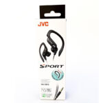 Frontside of carton packaging of black JVC sports earbuds.