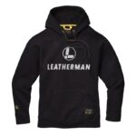 Black hoodie with leatherman logo above the word "Leatherman" on the chest, both in light-grey.