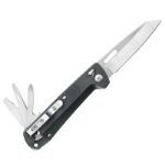 Compact pocket knife with black handle, clasp, blade, scissors, awl and flat-and phillips screwdrivers