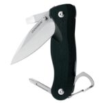 Compact pocket knife with a blade, a flat- and phillips screwdriver and a carabiner/bottle opener.