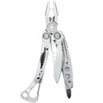 Skeletonized multi-tool with pliers, blade, screwdrivers and carabiner.