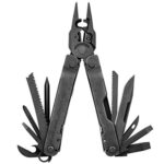 Black multitool with pliers, saws, blade, screwdrivers, bottle opener, awls and measuring markings on hilt.