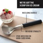 Picture demonstrating the long handle, stub-nosed end, no-bend stability and good sized bowl of the ice cream scoop.