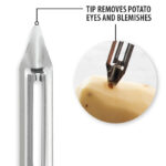 Picture showing pointed tip of the peeler which can be used to remove potato eyes and blemishes.