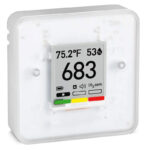 Frontview of Aranet 4 monitor showing temperature, carbon dioxide parts per million, humidity and battery life.