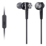 Close-up picture of black Sony MDR-XB earbuds showing sturdy flat wire, grey eartips and microphone.