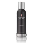 Small black bottle with grey cap and the victorinox logo with the words "Victorinox, swiss army, altitude, eau de toilette" on it.