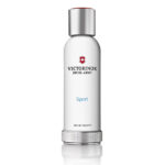 Small white bottle with grey cap and the victorinox logo with the words "Victorinox, swiss army, sport, eau de toilette" on it.