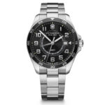 Swiss mens' watch with black face and bezel, silver hands and finishings, steel lug and strap.