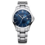 Swiss mens' watch with shiny blue face, silver hands and detailing, steel lug and strap.