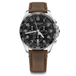 Swiss mens' watch with black face, silver hands and finishings, steel lug and brown leather strap.