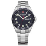 Swiss mens' watch with day-date function, black-blue face and bezel, luminous hands and detailing, steel lug and strap.