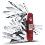 Swiss army knife with over 50 functions and clock embedded in the red plastic handle.