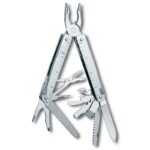 Steel swiss multitool with pliers, scissors, blade, awls, file, saw, screwdrivers, can- and bottle openers.