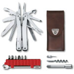 Steel swiss multitool with pliers, blades, file, saw, screwdriver-set, drill, corkscrew can- and bottle openers and brown leather pouch.