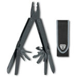 Black swiss multitool with pliers, blades, file, saw, awls, screwdrivers, can- and bottle openers and black canvas pouch.