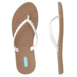 Women's flip flops with light brown soles and pretty white straps