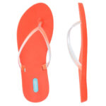 Women's flip flops with bright red-orange soles and transparent straps