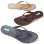 Beige, brown and dark grey flip flops made in the USA