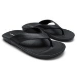 Black men's flip flops made in the USA, featuring arch support