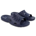 Navy blue men's flip flops with broad, overarching straps, air holes inluded