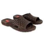 Brown men's flip flops with broad, rustic, woven strap design