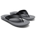 Men's flip flops with grey soles and black, stitched straps